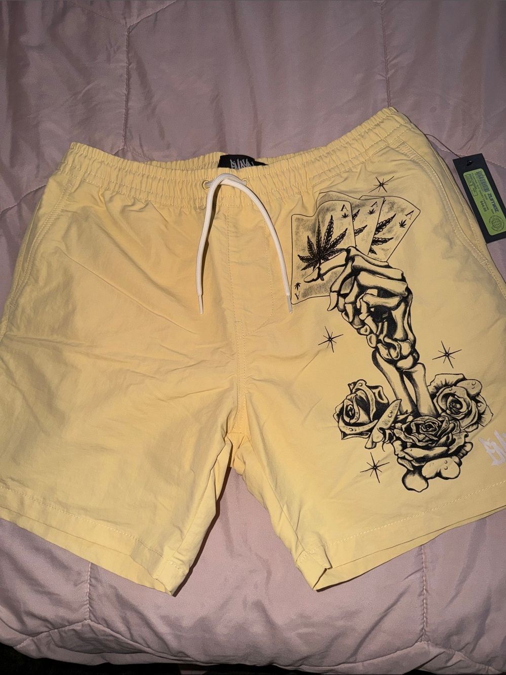 Empyre Yellow Swim Trunks with Black Skeleton & Rose Graphic